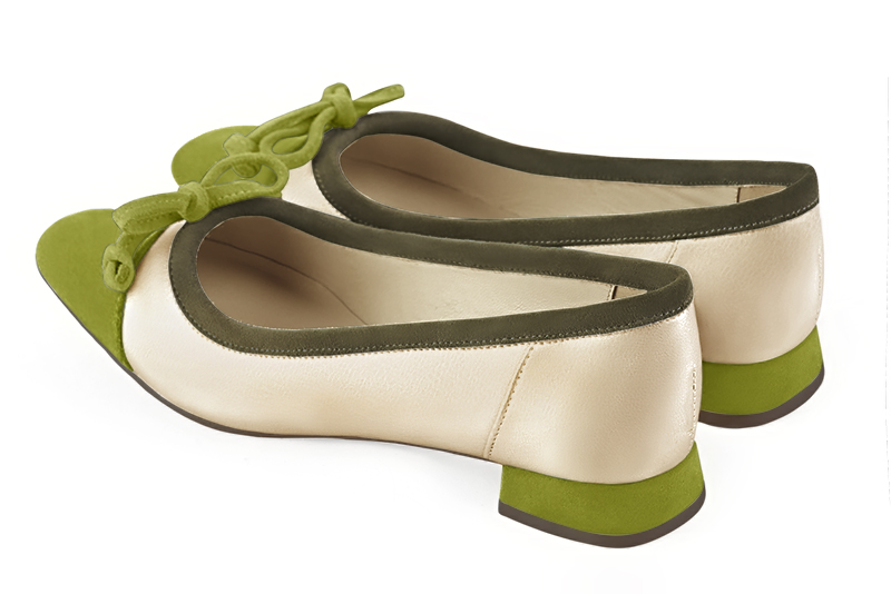 Pistachio green and gold women's ballet pumps, with low heels. Square toe. Flat flare heels. Rear view - Florence KOOIJMAN